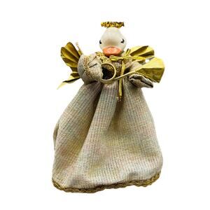 VTG 1983 Just Ducky Horn Angel Figurine Ceramic Christmas Kitsch Gold Wings